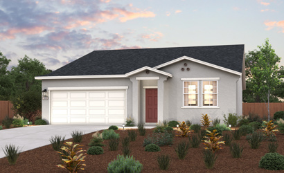 A house with a garage and bushes in front of it.