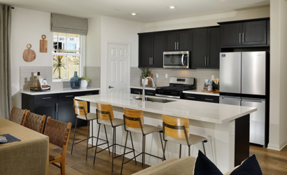 A kitchen with black cabinets.