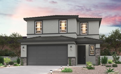A grey house with a garage.