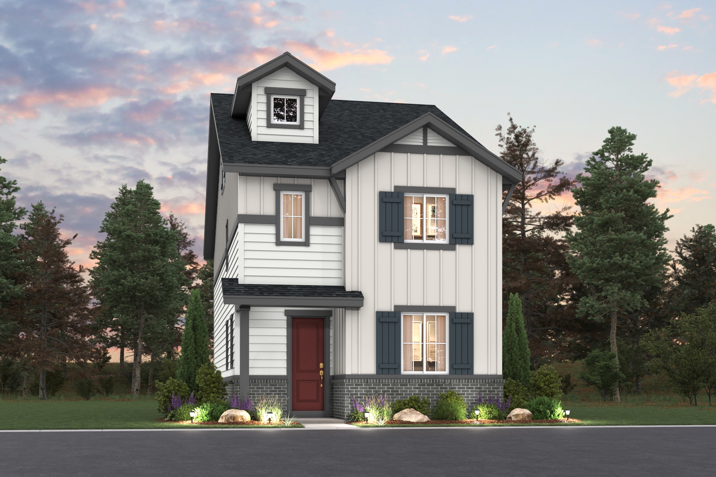 A house with trees around it.
