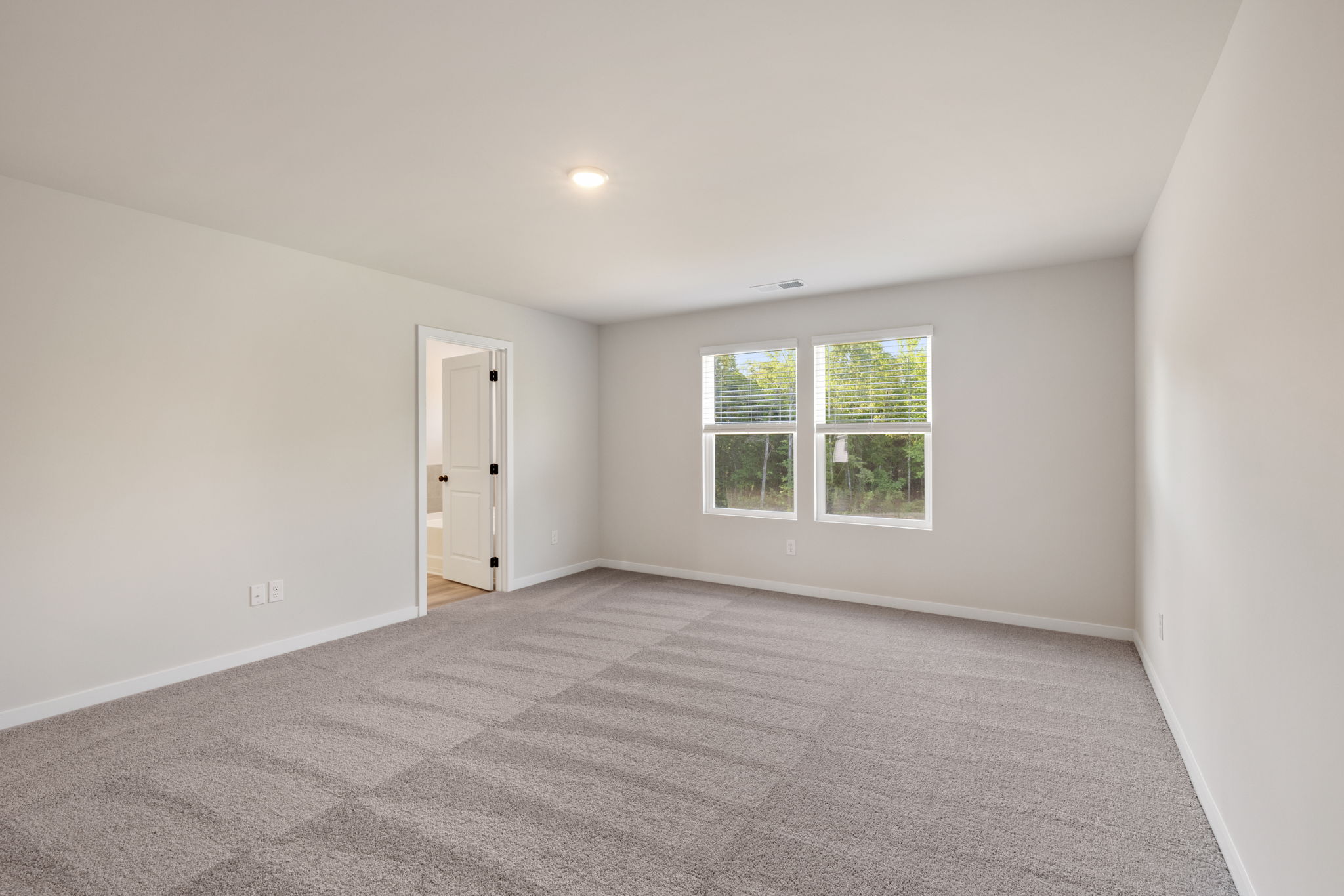 A room with a carpet and a door.