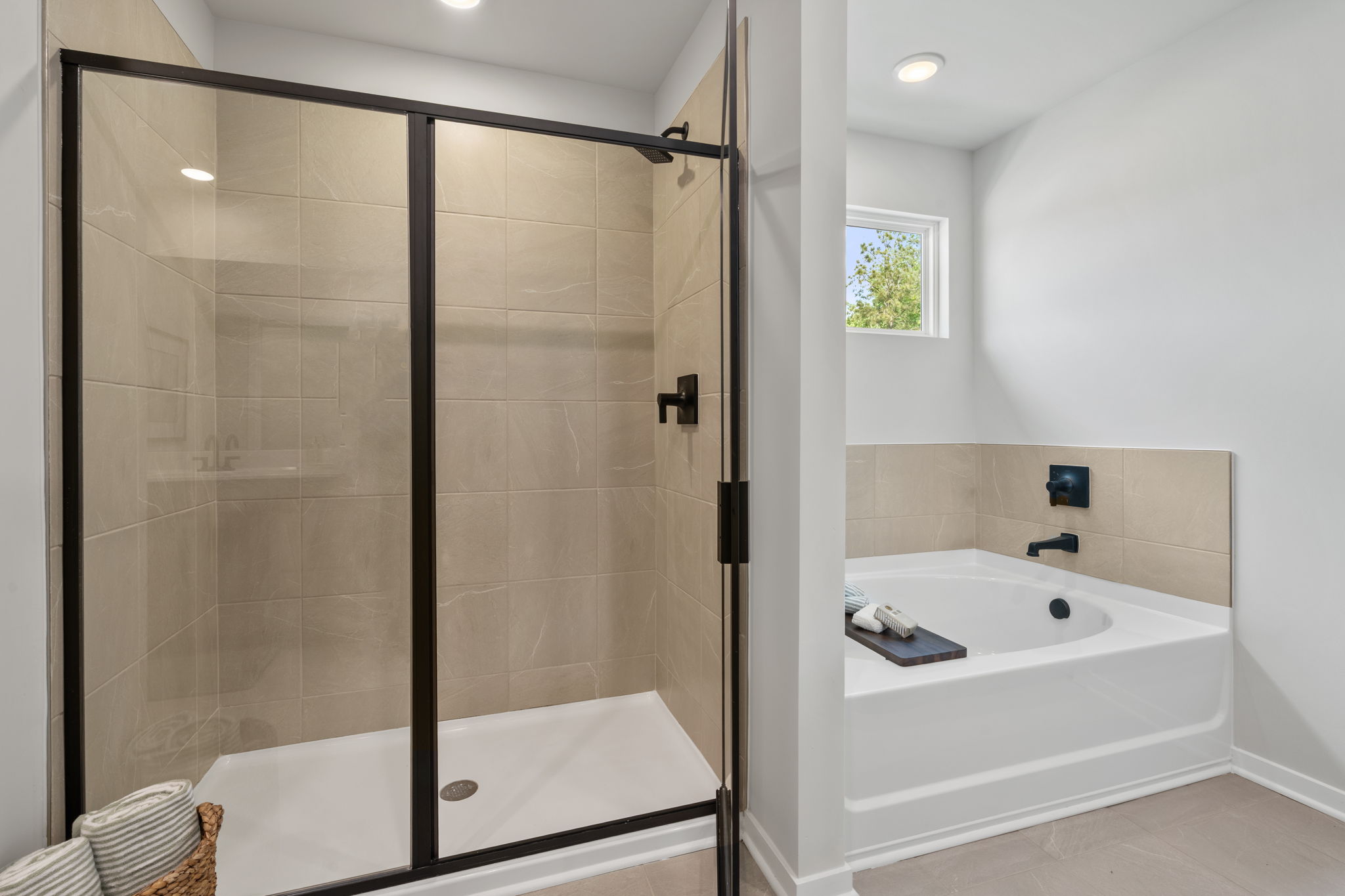 A bathroom with a glass shower.