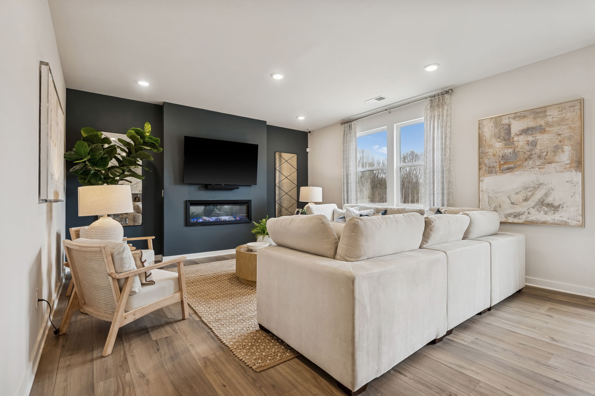 A living room with a fireplace.