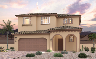 A house with a garage and palm trees.