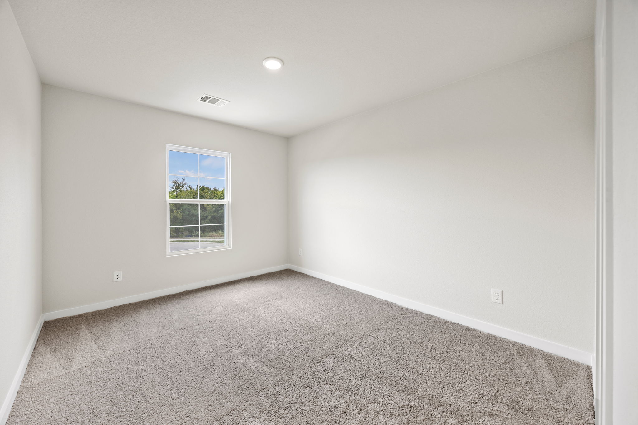 A room with a window and a carpet.