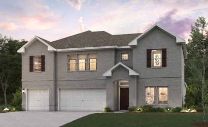 A grey house with a garage.