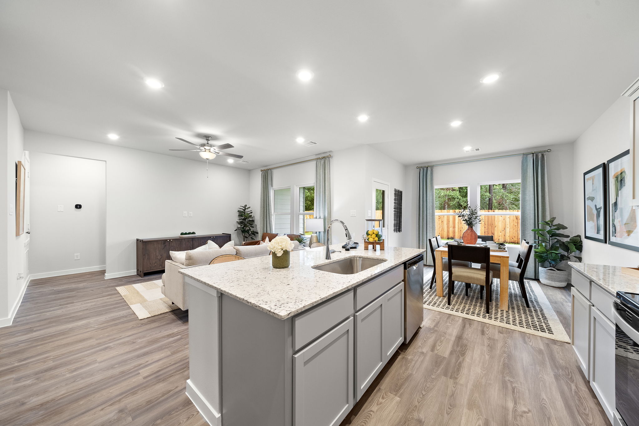 A kitchen with a large island.