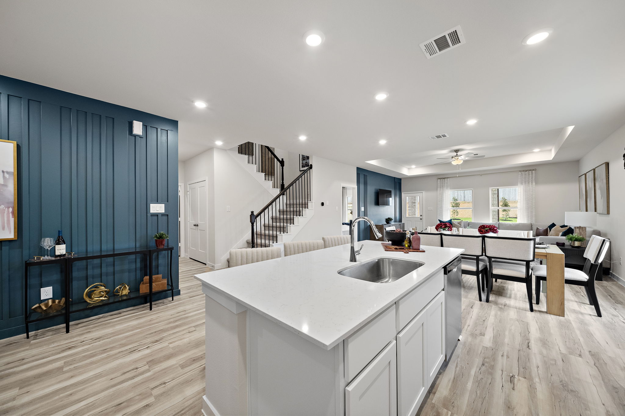 A kitchen with a large island.