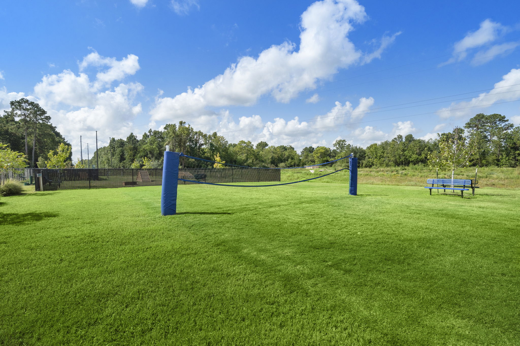 A grassy area with a fence and a playground in the background.