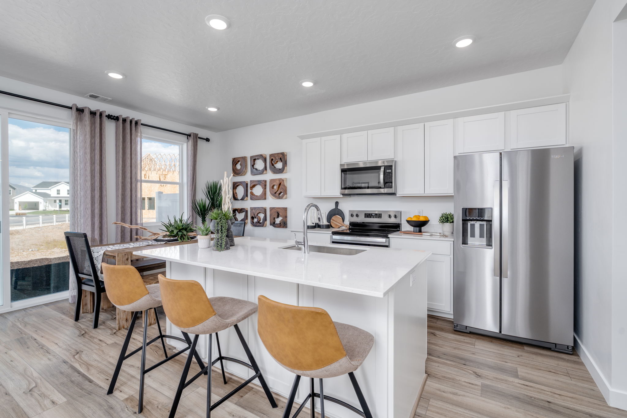 A kitchen with a large island.