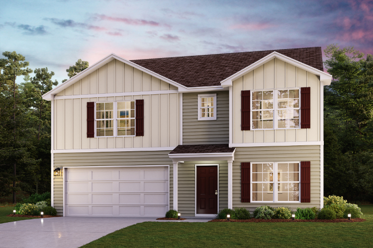 A white house with red shutters.