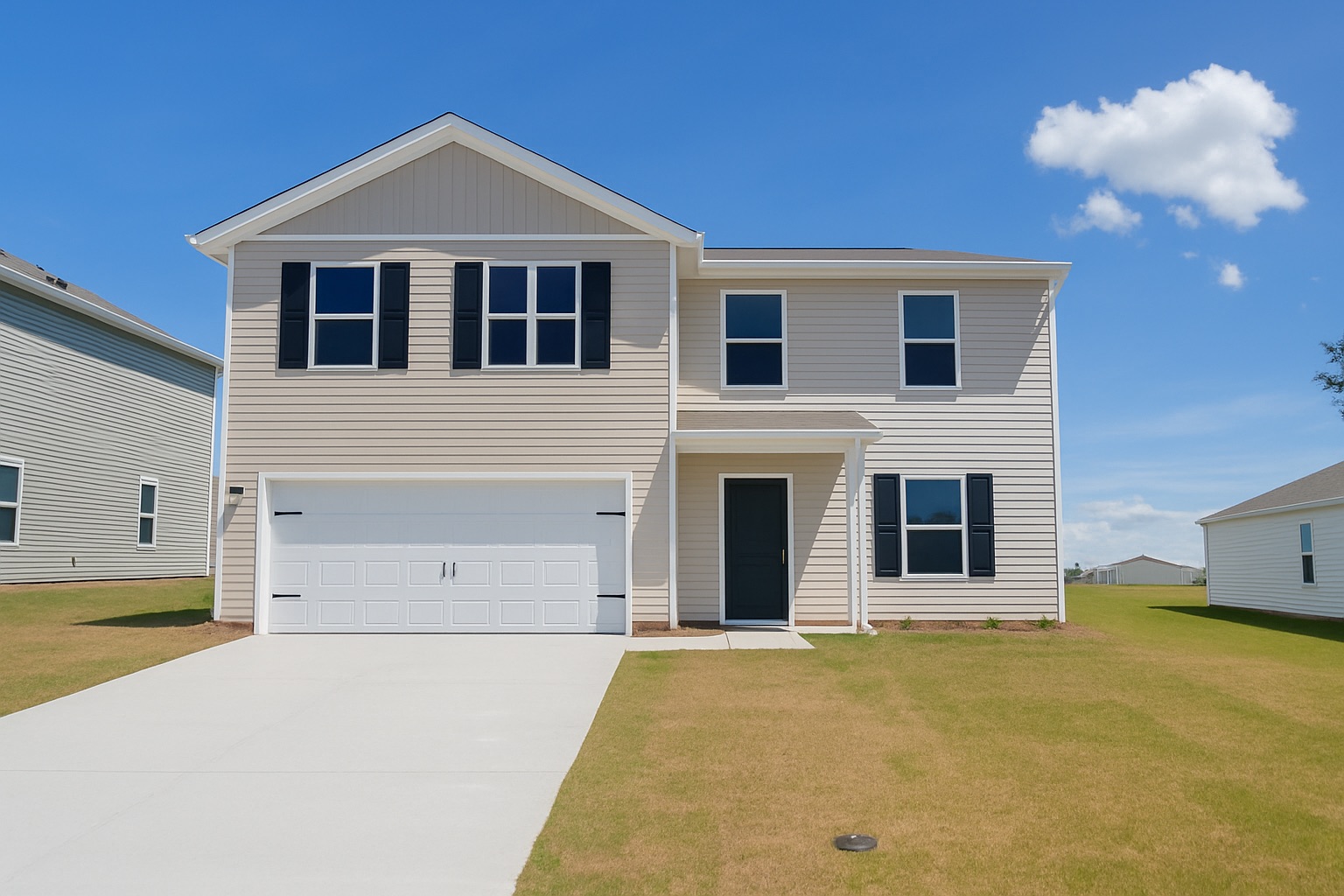 A white house with a garage.